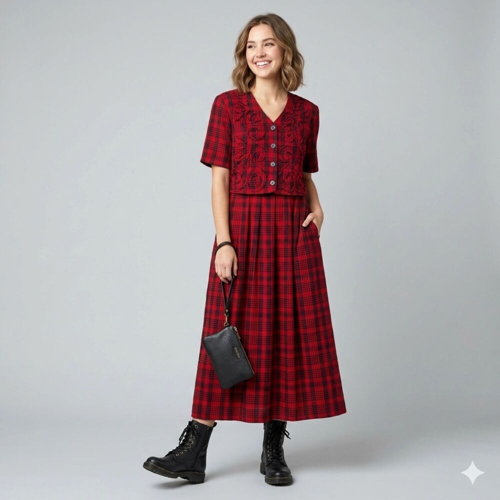 90s Vintage Red Plaid Maxi Dress 10 Faux Vest Overlay Whimsigoth Grunge Romantic
